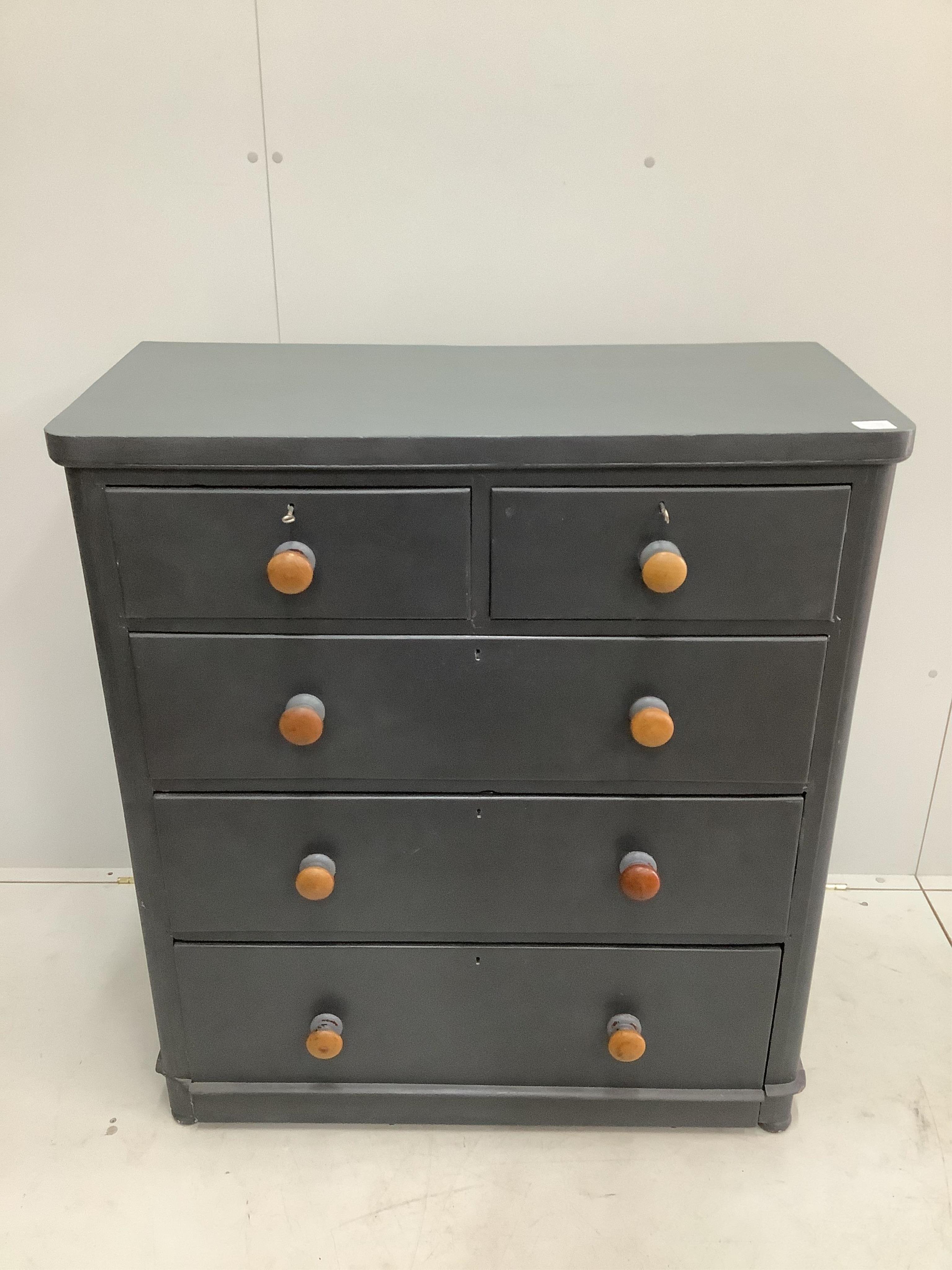 A Victorian pine chest of drawers, later painted, width 97cm, depth 46cm, height 110cm